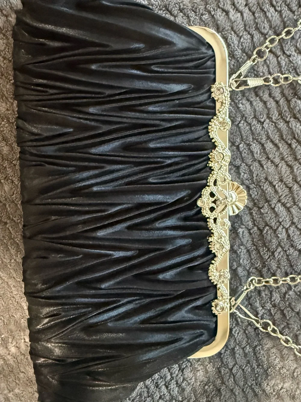 Black Ruched Evening Clutch with Silver Chain